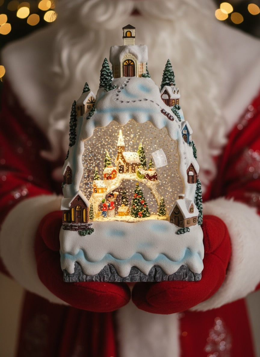 Decoratiune Muzicala - Casa de Anul Nou cu om de zapada, cu apa si scilipic miscator , 28x15 x10 cm