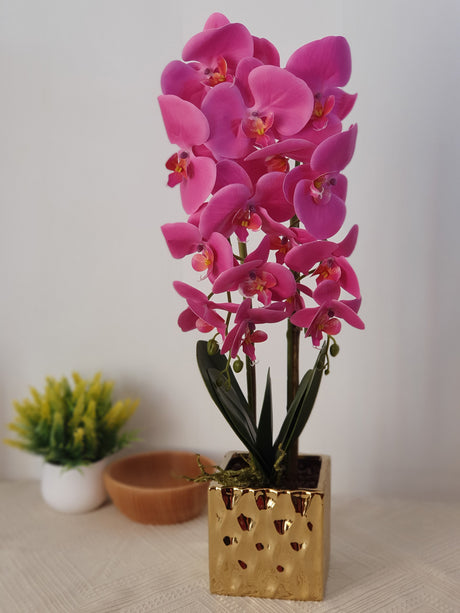 Orhidee artificiala 2 tije, ghiveci auriu din ceramica, patrat, roz intens, 50 cm