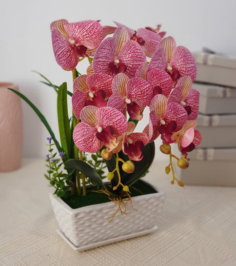 Orhidee artificiala Roz cu Alb, ghiveci ceramic