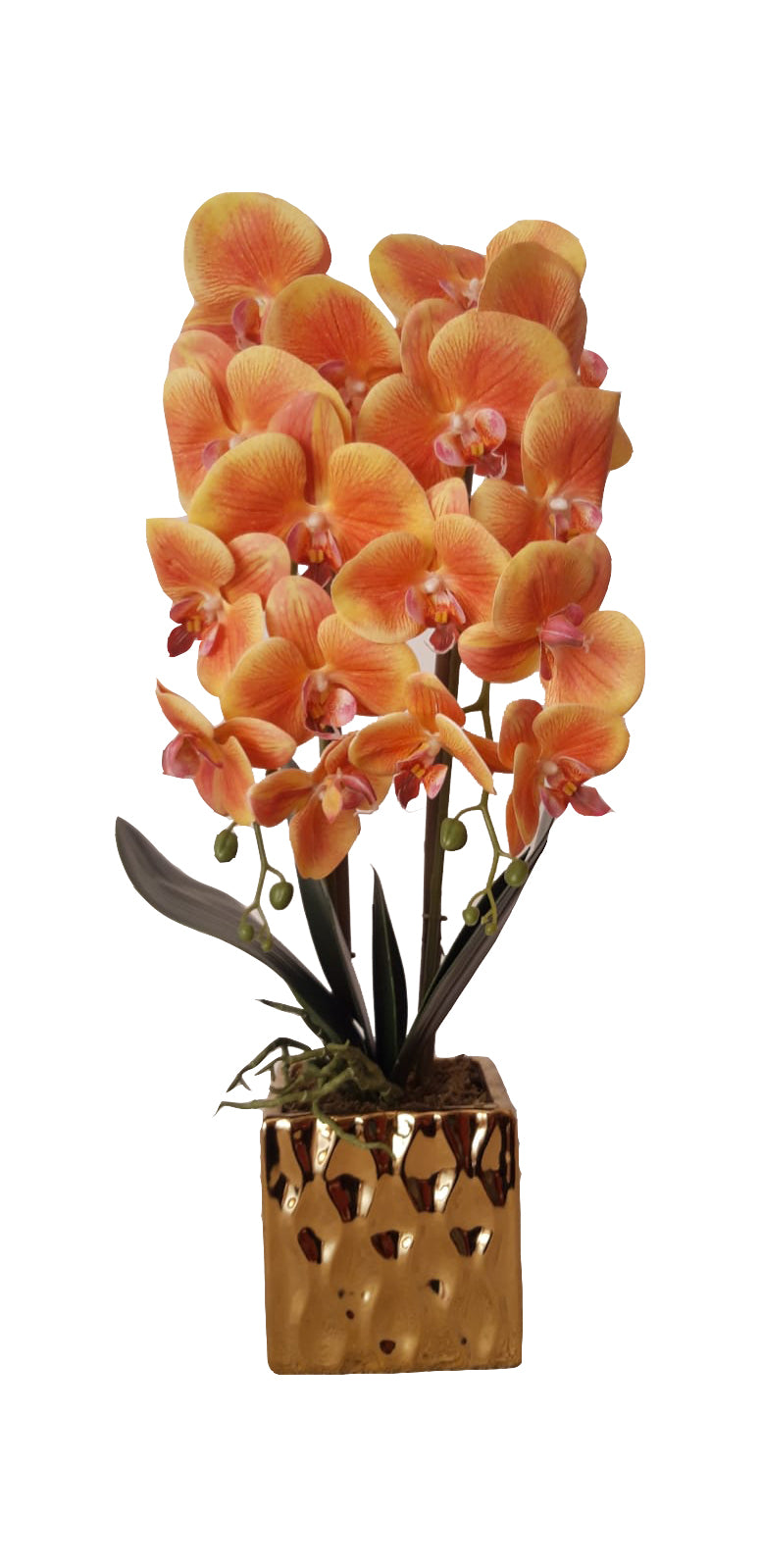 Orhidee artificiala 2 tije, ghiveci auriu din ceramica, patrat, 50 cm