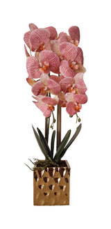 Orhidee artificiala 2 tije, ghiveci auriu din ceramica, patrat, 50 cm