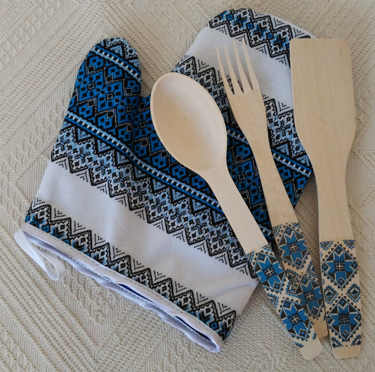 Set manusa de bucatarie din Bumbac cu 3 ustensile din Lemn