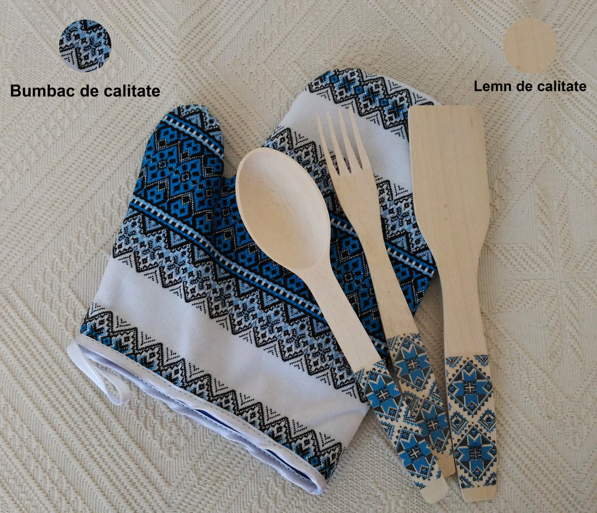 Set manusa de bucatarie din Bumbac cu 3 ustensile din Lemn