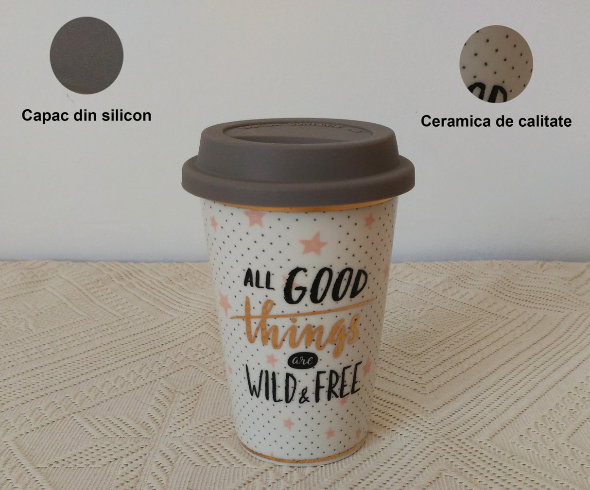 Pahar ceramica cu capac din silicon, 14x9.5cm