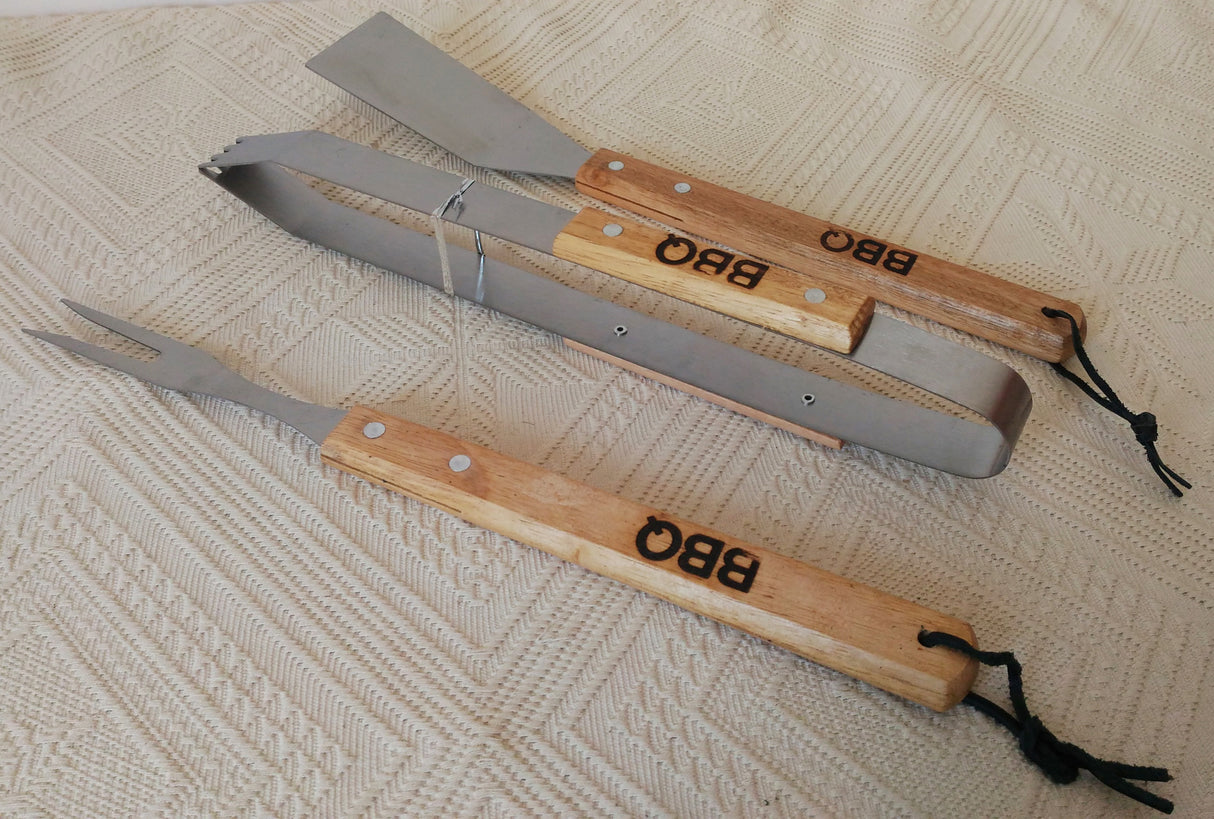 Set 3 ustensile gratar, Metal+Lemn, 33,5x6 cm