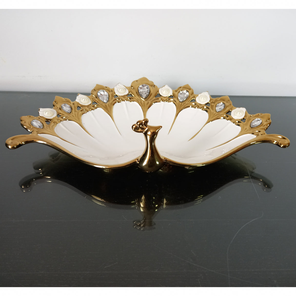 Platou aperitiv, Ceramica, Model Paun, Alb-Auriu