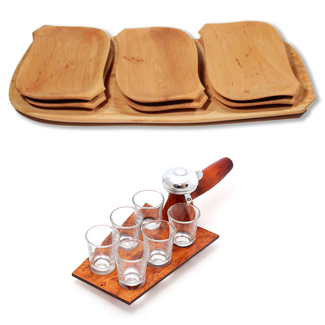 Set 7 Tavi Servire din Lemn, 60 x 22 x 3 cm + 6 Pahare de Shot, Suport Lemn cu Clopotel, 34x12 cm