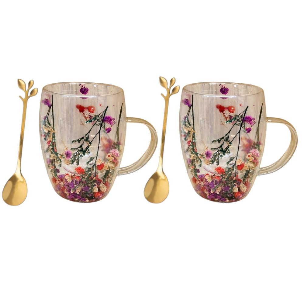 Set 2 Cani cu Pereti Dubli din sticla termorezistenta , Flori Multicolore 350 ml si 2 Lingurite Aurii