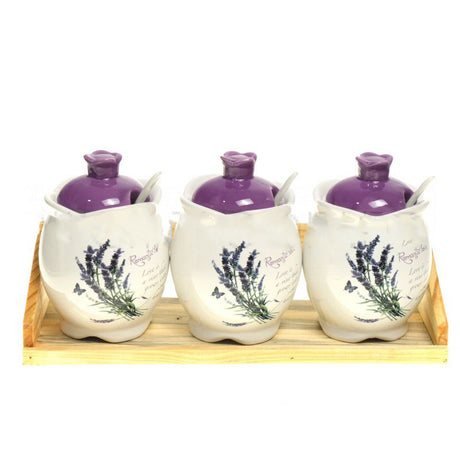 Set 3 recipiente Ceramice condimente 12x9 cm, cu suport, Model Lavanda