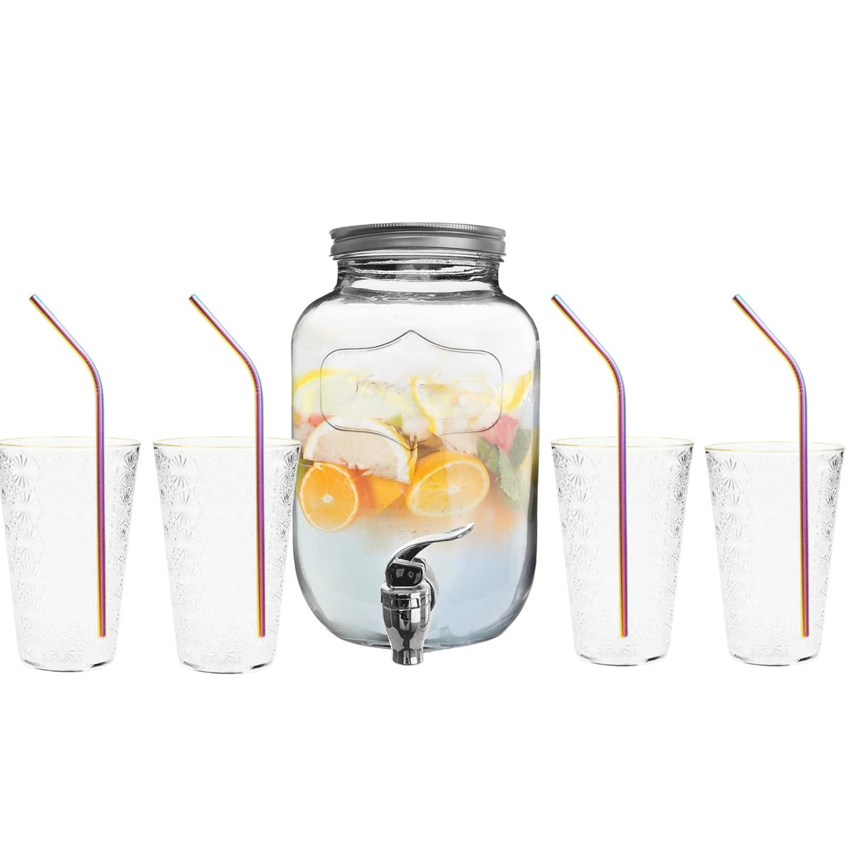 Borcan Dozator , Bauturi cu Robinet, Capac ,Dispenser Limonda si Sucuri, Sticla Transparenta, 4L + 4 Pahare Transparente 400 ml si 4 Paie Colorate Otel