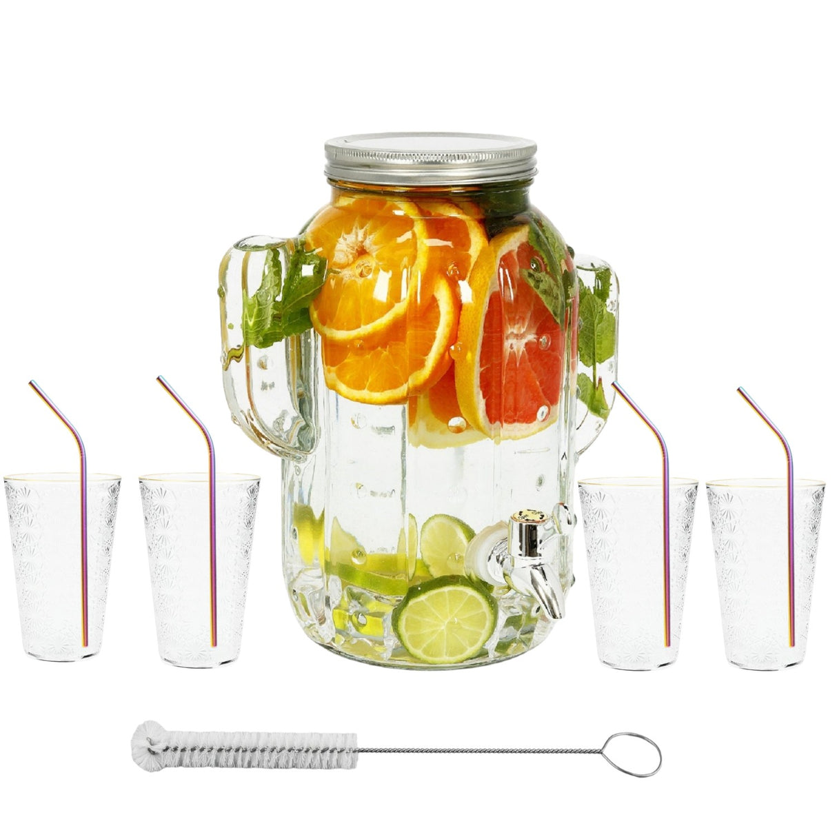 Borcan Dozator Forma Cactus, Bauturi cu Robinet, Capac ,Dispenser Limonda si Sucuri, Sticla Transparenta, 4L + 4 Pahare Transparente 400 ml si 4 Paie Colorate Otel
