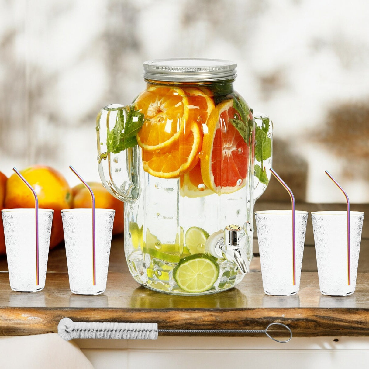 Borcan Dozator Forma Cactus, Bauturi cu Robinet, Capac ,Dispenser Limonda si Sucuri, Sticla Transparenta, 4L + 4 Pahare Transparente 400 ml si 4 Paie Colorate Otel