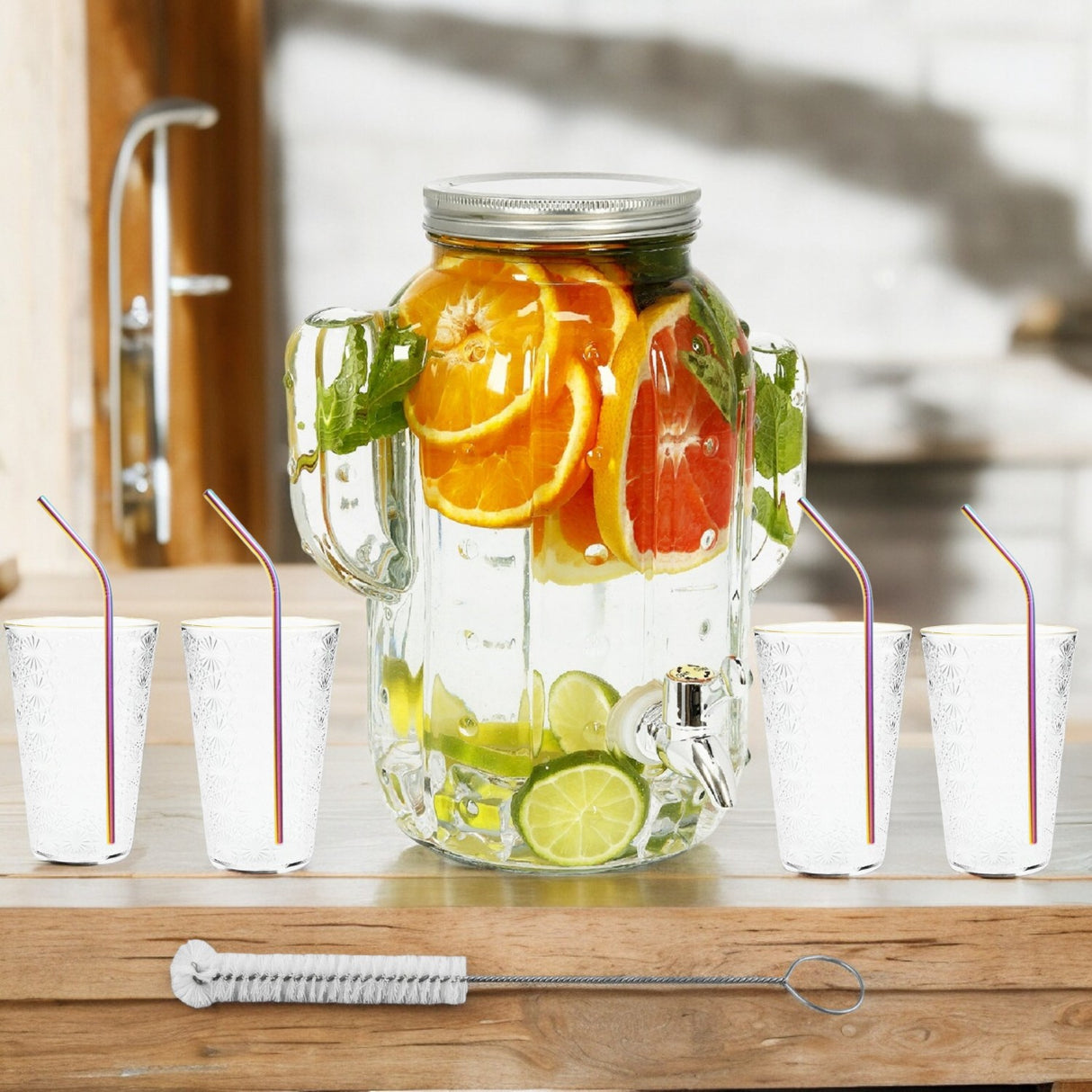 Borcan Dozator Forma Cactus, Bauturi cu Robinet, Capac ,Dispenser Limonda si Sucuri, Sticla Transparenta, 4L + 4 Pahare Transparente 400 ml si 4 Paie Colorate Otel