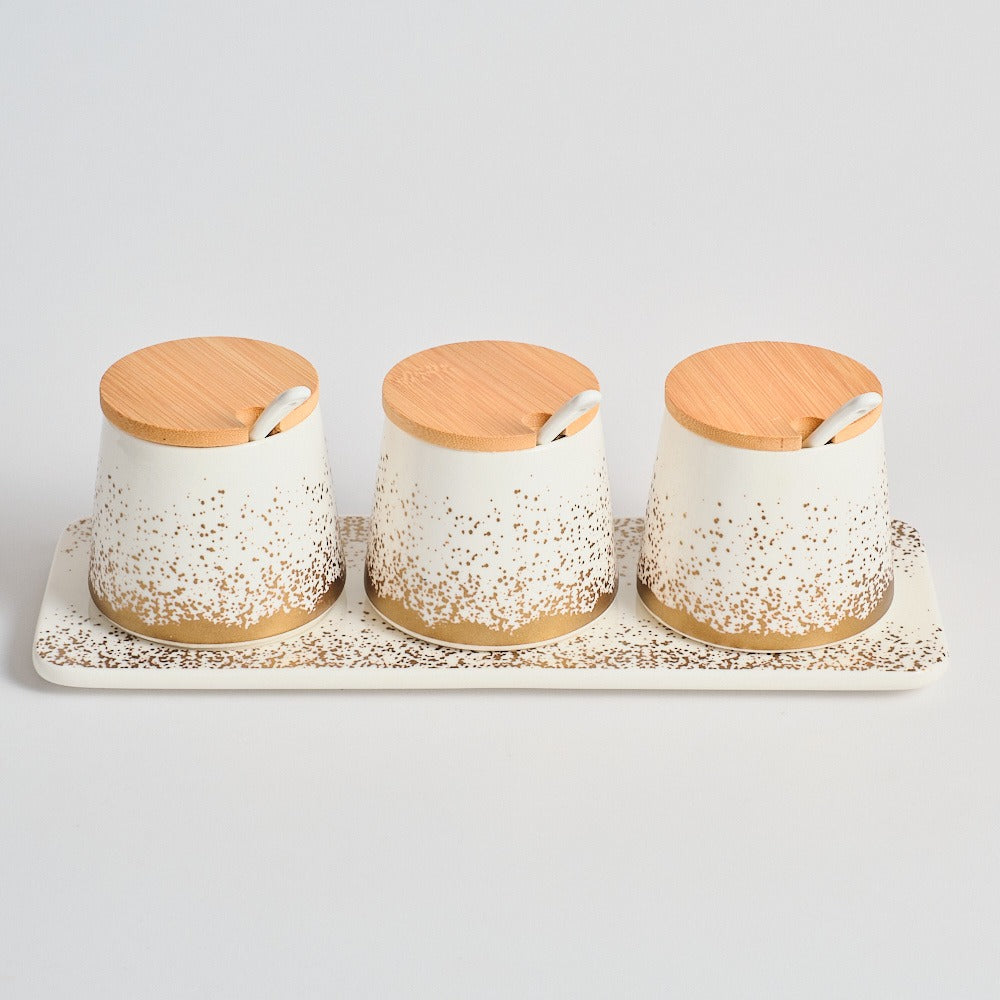 Set 3 Recipiente pentru Condimente,Tavita si Lingurite din Portelan, cu Capac din Bambus