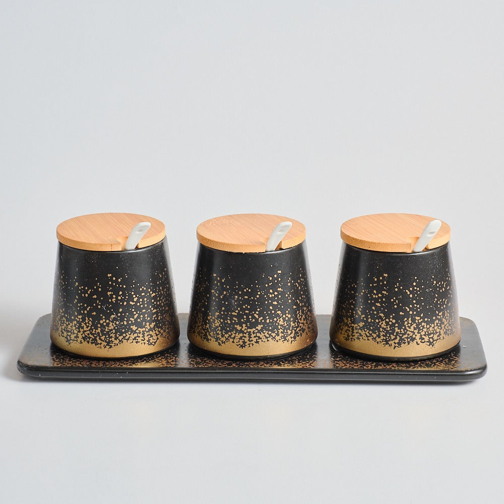 Set 3 Recipiente pentru Condimente,Tavita si Lingurite din Portelan, cu Capac din Bambus