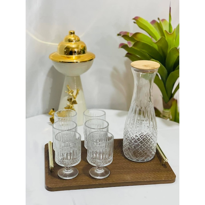 Set Carafa 1.2 L ,capac bambus si 6 Pahare cu Picior pentru Limonada, Tarie sau Suc 200ml, Transparent