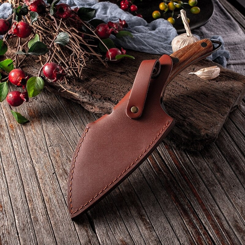 Cutit-Satar, Forjat Manual, Otel Inoxidabil, 27 cm, Maner Lemn Maro, Husa Piele Ecologica