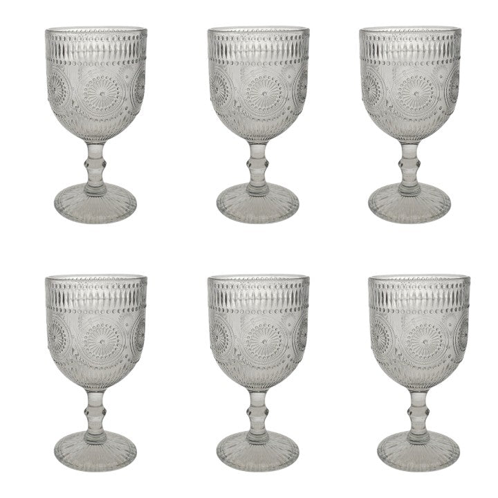 Set 6 pahare din sticla transparenta, cu model, cu picior, 300 ml