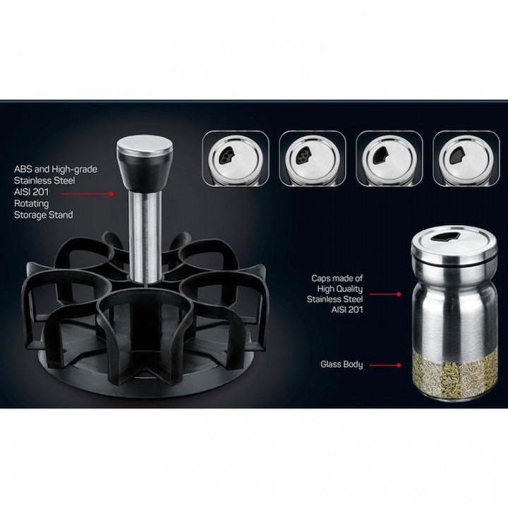 Set de condimente BRIO Metallica, Pe suport rotativ, 6 borcane