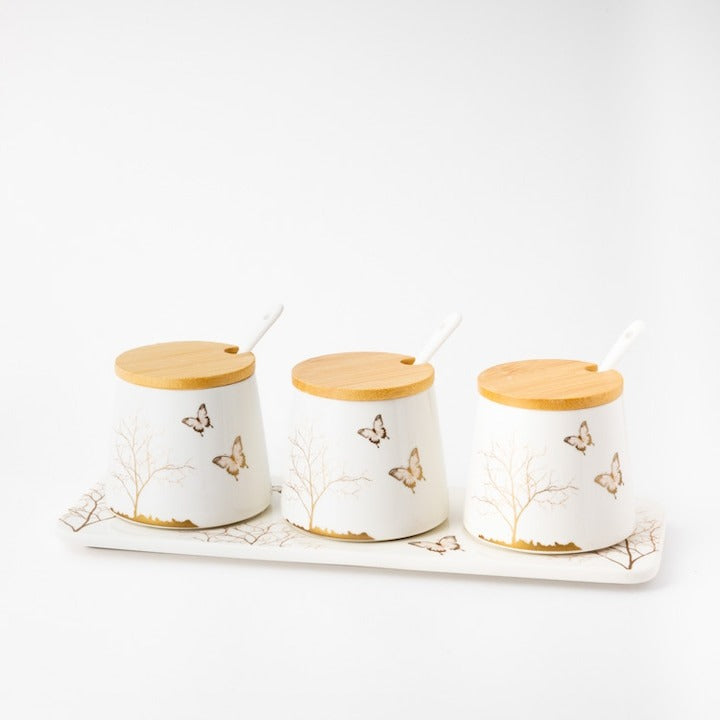Set 3 Recipiente pentru Condimente,Tavita si Lingurite din Portelan, cu Capac din Bambus