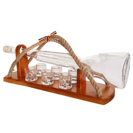Minibar din Lemn cu sticla in forma de Pusca si 6 pahare