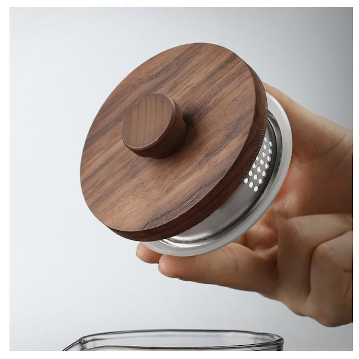 Set Ceainic cu Capac Lemn 1.4 litri si 2 Cani din Sticla Rezistenta 300 ml