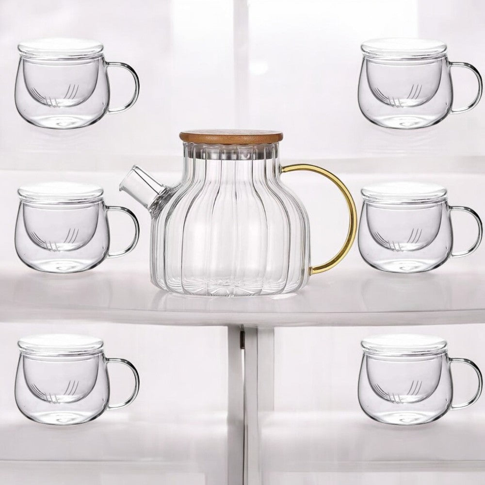 Set 6 Cani cu Infuzor pentru Ceai 300 ml si Ceainic 950 ml , Sticla Termorezistenta