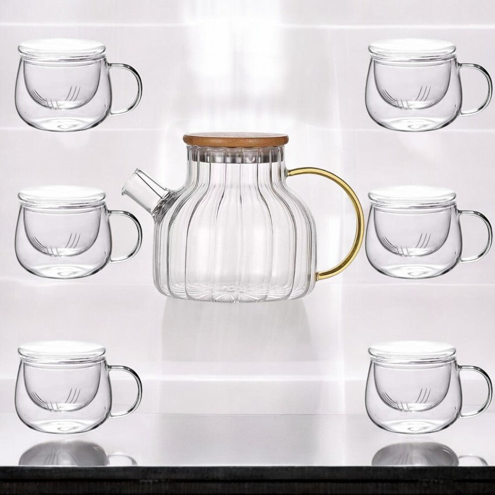 Set 6 Cani cu Infuzor pentru Ceai 300 ml si Ceainic 950 ml , Sticla Termorezistenta