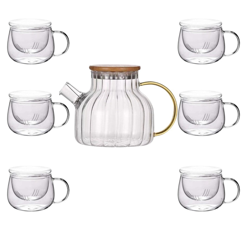 Set 6 Cani cu Infuzor pentru Ceai 300 ml si Ceainic 950 ml , Sticla Termorezistenta