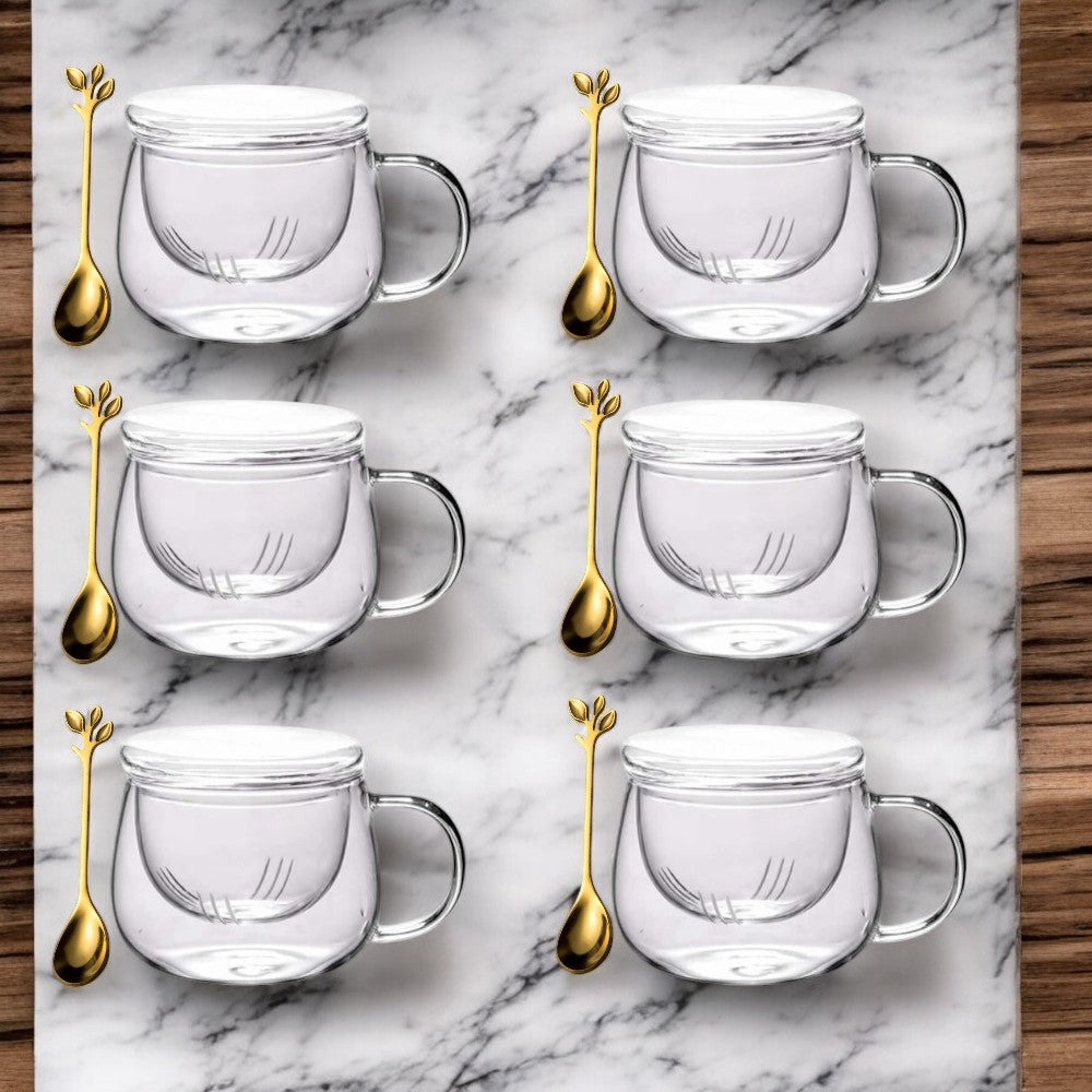 Set 6 Cani cu Infuzor pentru Ceai, Sticla Termorezistenta, 300 ml+ 6 lingurite Aurii 13 cm
