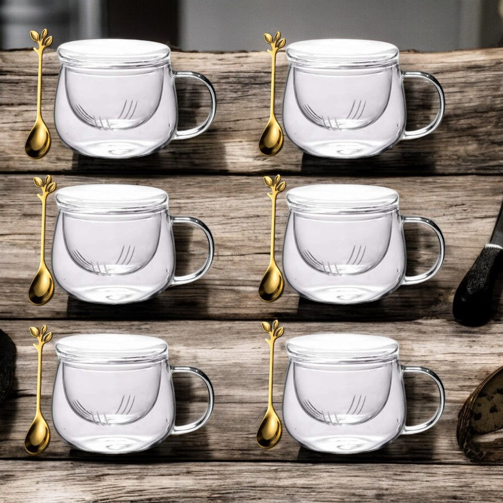 Set 6 Cani cu Infuzor pentru Ceai, Sticla Termorezistenta, 300 ml+ 6 lingurite Aurii 13 cm