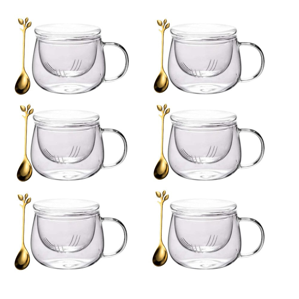 Set 6 Cani cu Infuzor pentru Ceai, Sticla Termorezistenta, 300 ml+ 6 lingurite Aurii 13 cm