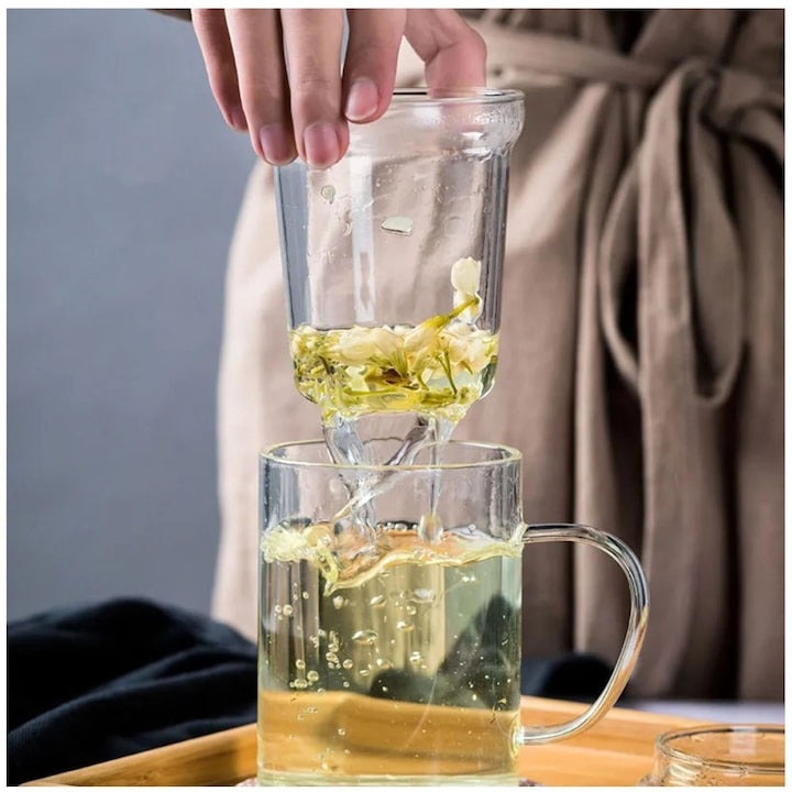 Cana din sticla brosilicata cu Infuzor , Capac Bambus , 500 ml