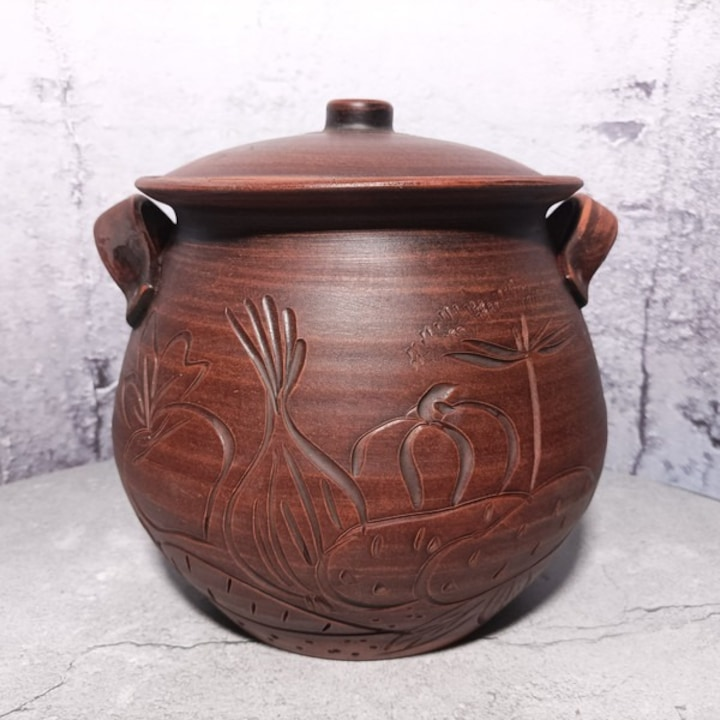 Oala pentru cuptor cu Manere si Capac din Angob, Lut Rosu, 5 l, 19x23 cm