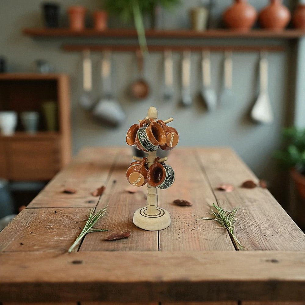 Suport din lemn cu 6 cesti 50 ml din ceramica de Corund