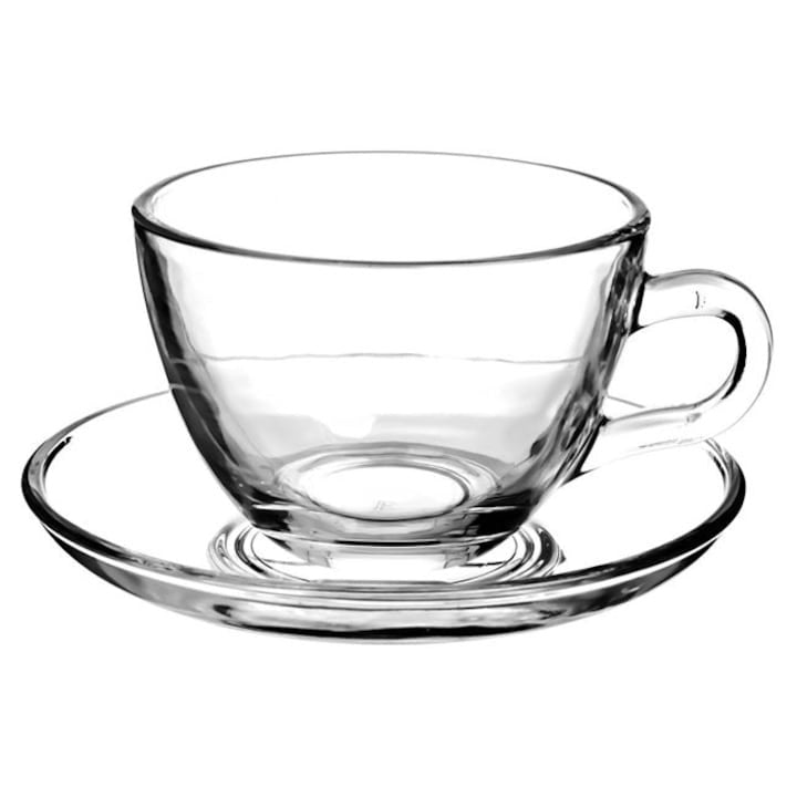 Set 6 Cesti Cafea din Sticla Transparente si Farfurii, Model