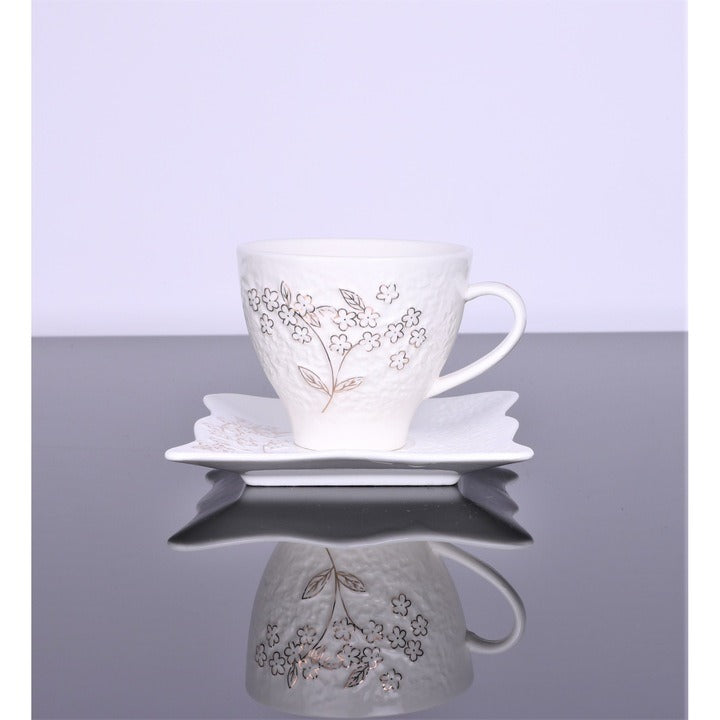 Set 6 cesti de 160 ml cu 6 farfurioare,Portelan, design in relief