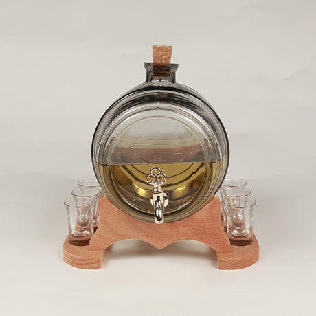 Butoi, din sticla, cu robinet, pe suport de lemn, set 6 pahare, 5 L