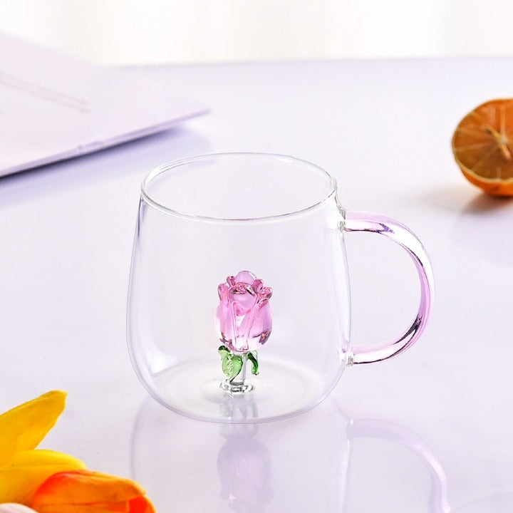 Cana din sticla borosilicata, Trandafir 3D , 350 ml