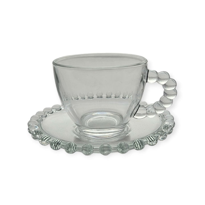 Set 6 cesti cu farfurii Pearly, din sticla transparenta, 150 ml