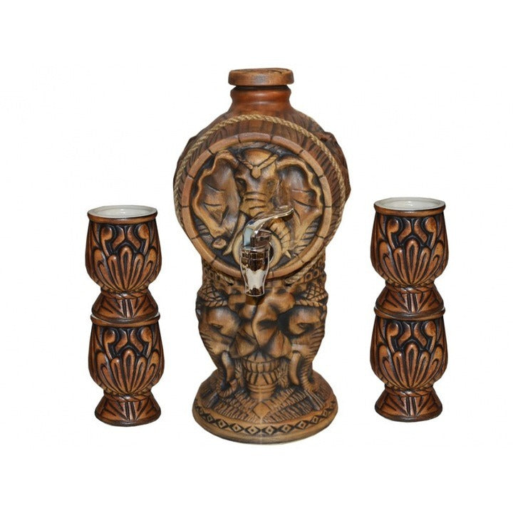 Set din ceramica Elefant, cu butoi pentru vin si patru pahare, Maro , 3.2 Litri