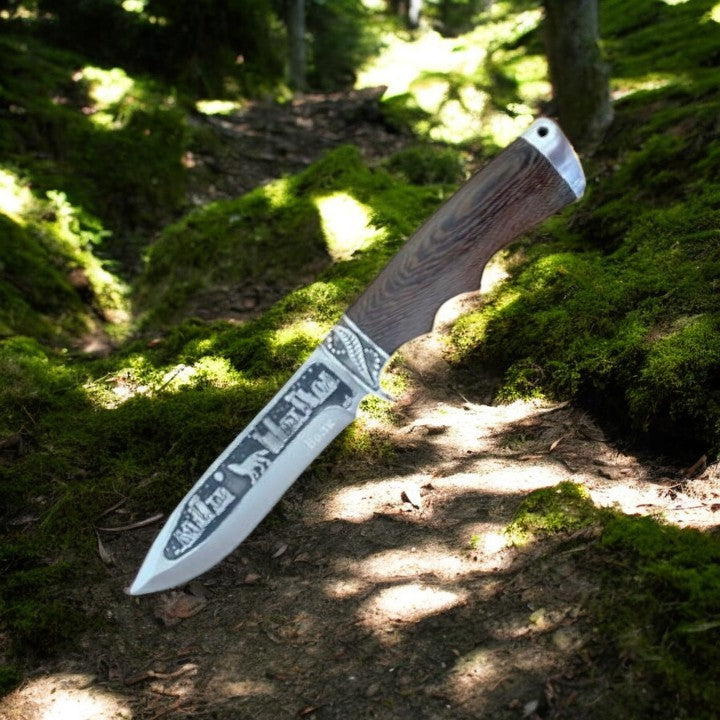 Cutit de vanatoare, Otel Inoxidabil/Lemn , 29.5 cm,180g,Maro inchis