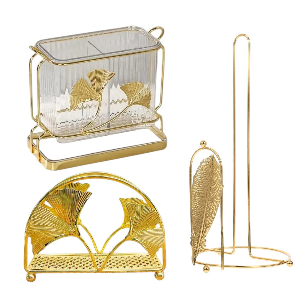 Set 3 Suporturi Elagante masa : Tacamuri , Servetele , Prosoape de Hartie , Metal,Auriu