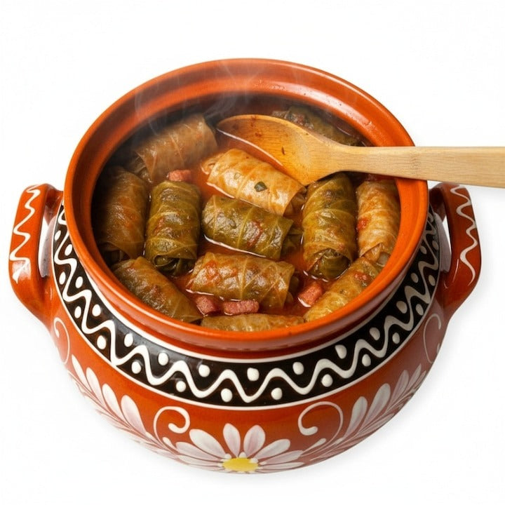 Oala de lut traditionala, maro, cu capac, Pictata Manual, pentru gatit la cuptor