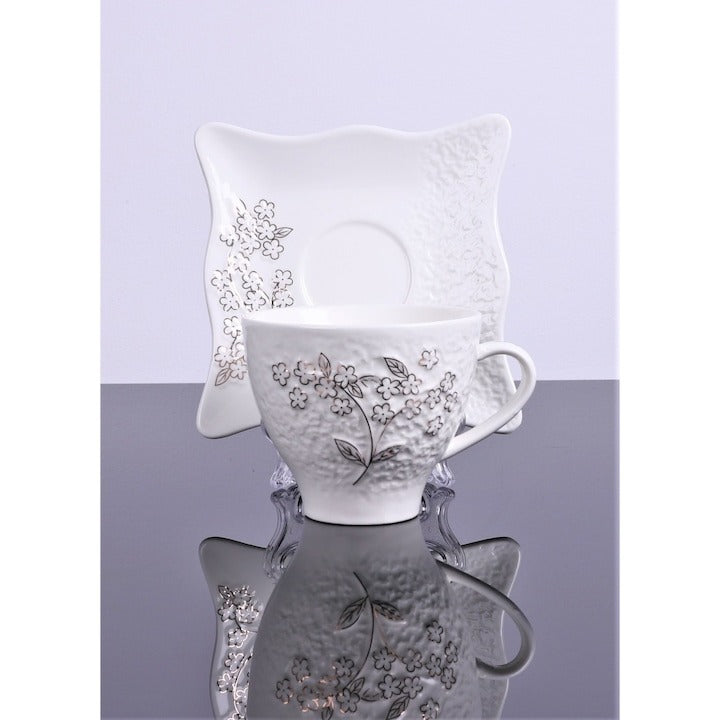 Set 6 cesti de 160 ml cu 6 farfurioare,Portelan, design in relief