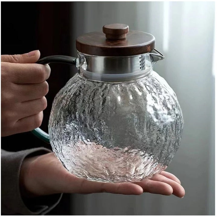 Set Ceainic cu Capac Lemn 1.4 litri si 2 Cani din Sticla Rezistenta 300 ml