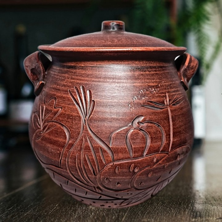 Oala pentru cuptor cu Manere si Capac din Angob, Lut Rosu, 5 l, 19x23 cm