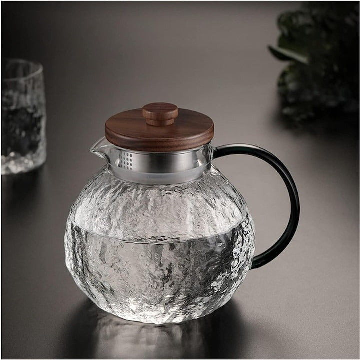 Set Ceainic cu Capac Lemn 1.4 litri si 2 Cani din Sticla Rezistenta 300 ml