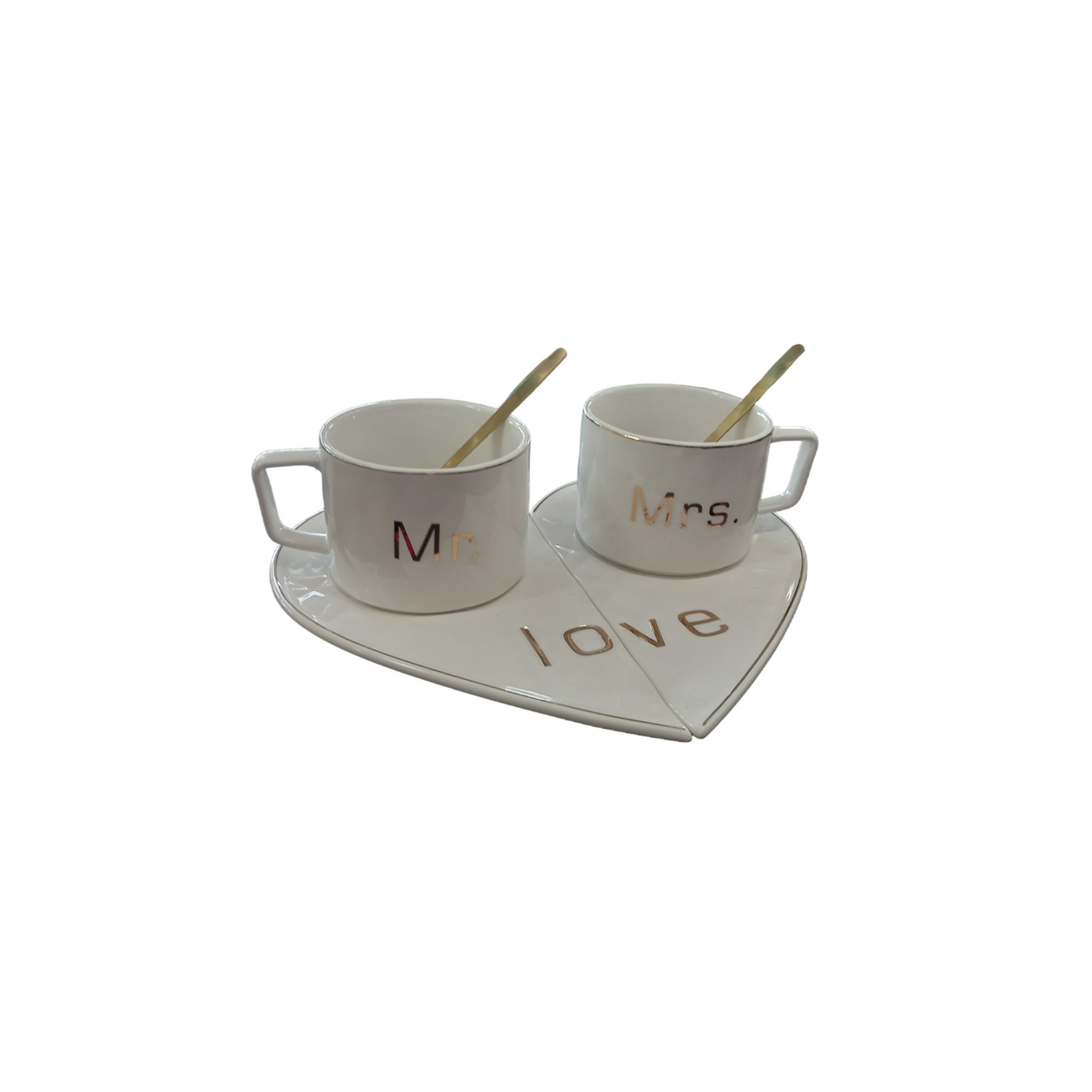 Set doua cani cu farfuriute jumatati inima si lingurite, Ceramica, 150 ml