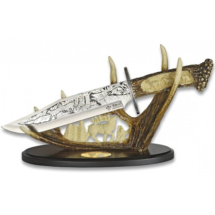 Cutit Vanatoare 22 cm cu suport sculptat 3D, Lama Gravata